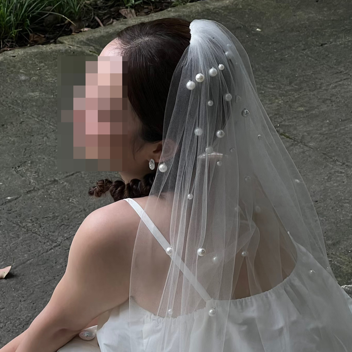 Mi唐手作珍珠头纱新娘主婚纱软头纱领证求婚登记用婚礼头纱拍照