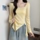不规则方领针织衫 T恤上0205w 胖mm显瘦侧开叉长袖 女早春新款 大尺码