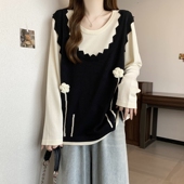 假两件长袖 洋派0201w 胖mm显瘦立体花朵上衣时尚 针织衫 女早大尺码