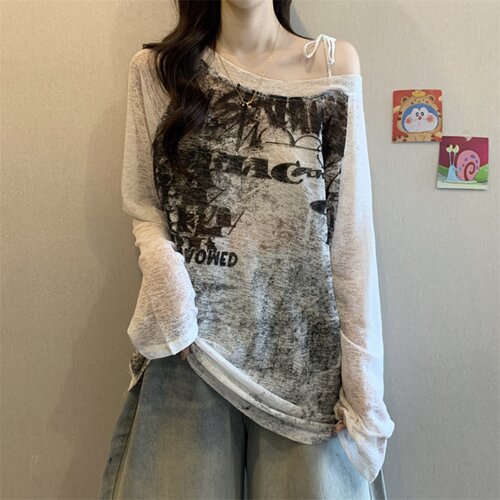 美式印花长袖防晒T恤女薄夏季大尺码胖斜领露肩吊带上衣外搭0807e