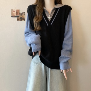 胖mm显瘦假两件套披肩海领1014e 毛衣女大码 秋冬半拉链长袖 针织衫