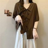 咖色感绑带V领短袖 胖mm遮肚子娃娃领雪纺0205w 大尺码 衬衫 女春夏季