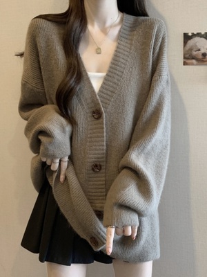 大版宽松慵懒风毛衣外套女款春秋2025大码胖mm中长款针织开衫上衣