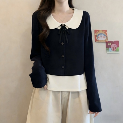 设计感娃娃领长袖衬衫女春秋新款大尺码胖mm显瘦时尚洋派假0128r1