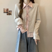 胖mm显瘦假两件衬衫 感系带polo领上衣女秋款 大尺码 拼接针织0201w
