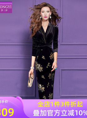 菲梦伊钉珠绣花黑色金丝绒连衣裙女冬季法式赫本风性感长裙子礼服