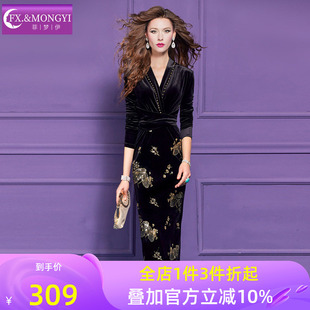 菲梦伊钉珠绣花黑色金丝绒连衣裙女冬季法式赫本风性感长裙子礼服