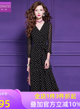 菲梦伊波点印花黑色连衣裙女秋季系带收腰轻熟优雅气质V领长裙子