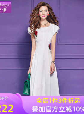 菲梦伊贴花白色连衣裙女短袖夏季新款法式设计感时尚收腰气质裙子