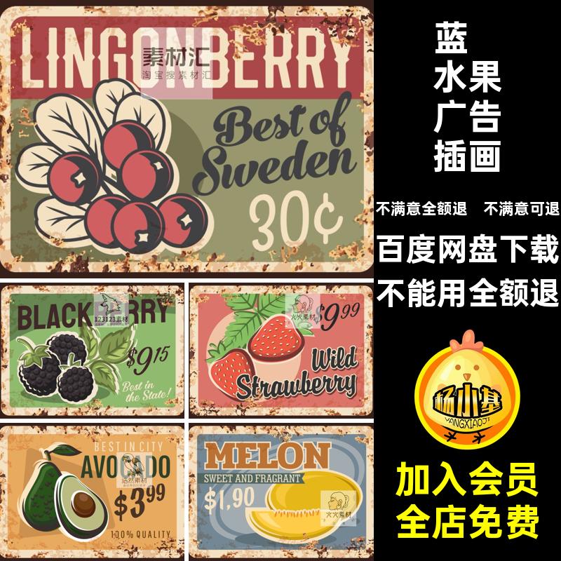 做旧水果广告插画铁皮AI蓝莓手绘葡萄榴莲矢量图复古荔枝欧美荔枝