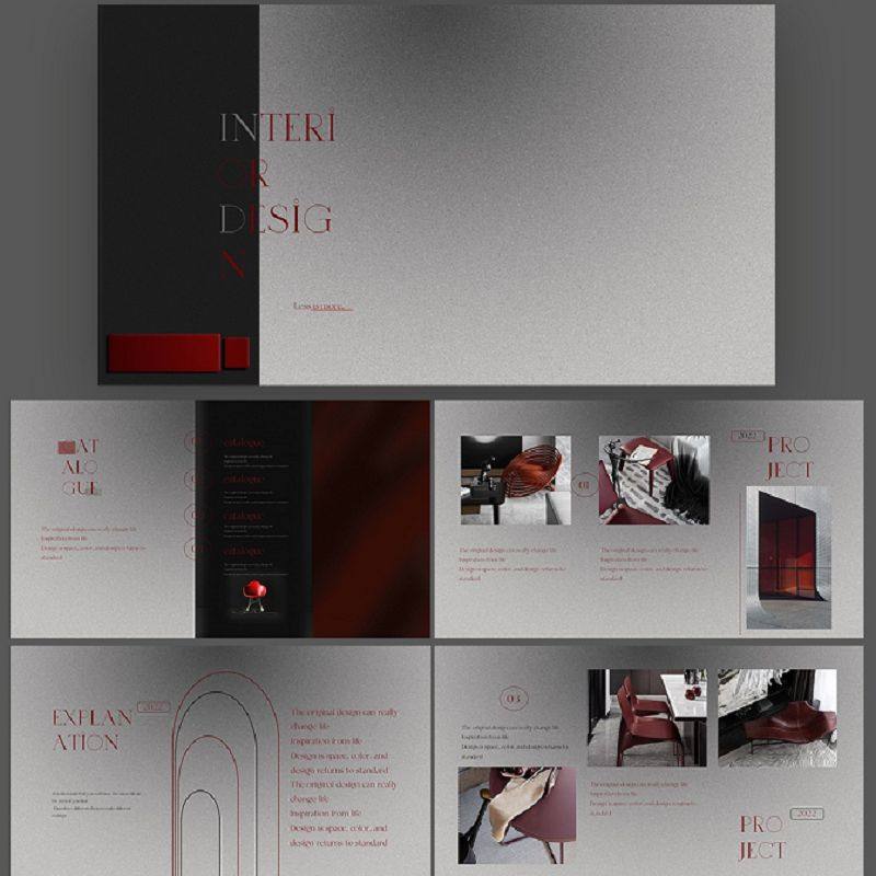 高级磨砂质感黑红色PPT模板 黑灰色复古红质感室内设计PPT模板