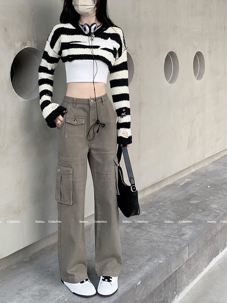 여성용 멀티 포켓 디자인 멋진 작업복 청바지 2023 봄 워싱 다목적 하이 웨이스트 슬림 스트레이트 팬츠 트렌드