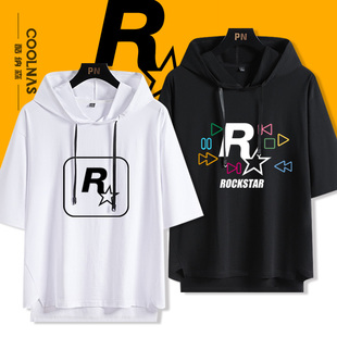 侠盗猎车GTA5罪恶都市R星周边连帽短袖t恤男宽松潮牌五分袖衣服夏