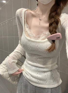 纯欲性感蕾丝吊带长袖针织衫女早春2025新款内搭修身上衣两件套装