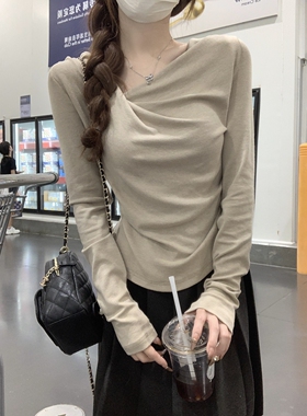 韩版气质温柔修身褶皱荡领显瘦内搭冬长袖打底T恤上衣设计感小众