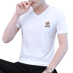 高档纯棉男士短袖v领t恤夏季2026新款冰丝半袖上衣服男款潮牌体恤