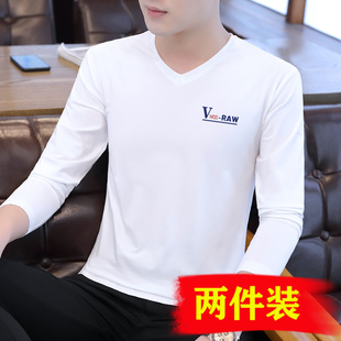 男士 上衣潮牌男装 t恤长袖 秋装 百搭衣服体桖 V领纯棉打底衫 2025新款