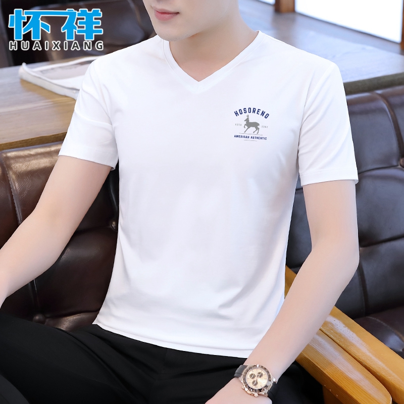 夏季男士短袖t恤v领纯棉半袖潮流2023新款男装冰丝体恤上衣服潮牌