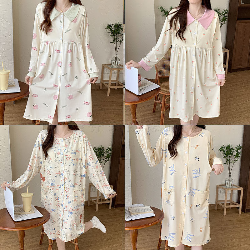 新款仿棉月子服春夏季长袖款带胸垫连衣裙孕产妇待产哺乳喂奶睡衣