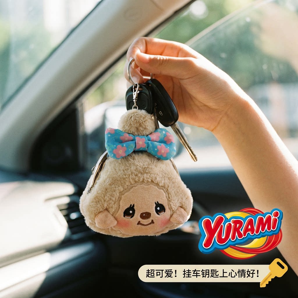 YURAMI蒙奇奇零钱卡包收纳耳机包挂件卡其蓝蝴蝶结毛绒送女友礼物