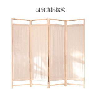 实木亚麻布艺屏风入户屏风隔断客厅折叠移动实木酒店茶室折屛 中式