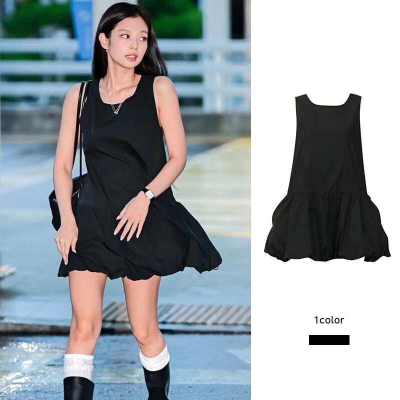 jennie金智妮同款黑色无袖连衣裙女夏季赫本风小黑裙花苞裙背心裙