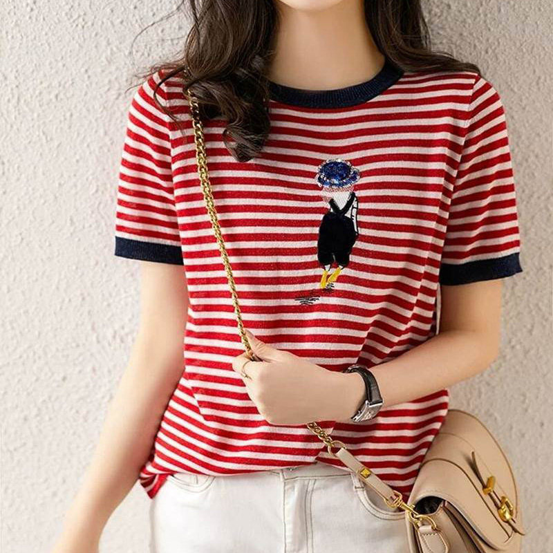 新颖阿玛施正旗舰店官网2020夏新款t恤女装正品条纹撞色针织短袖