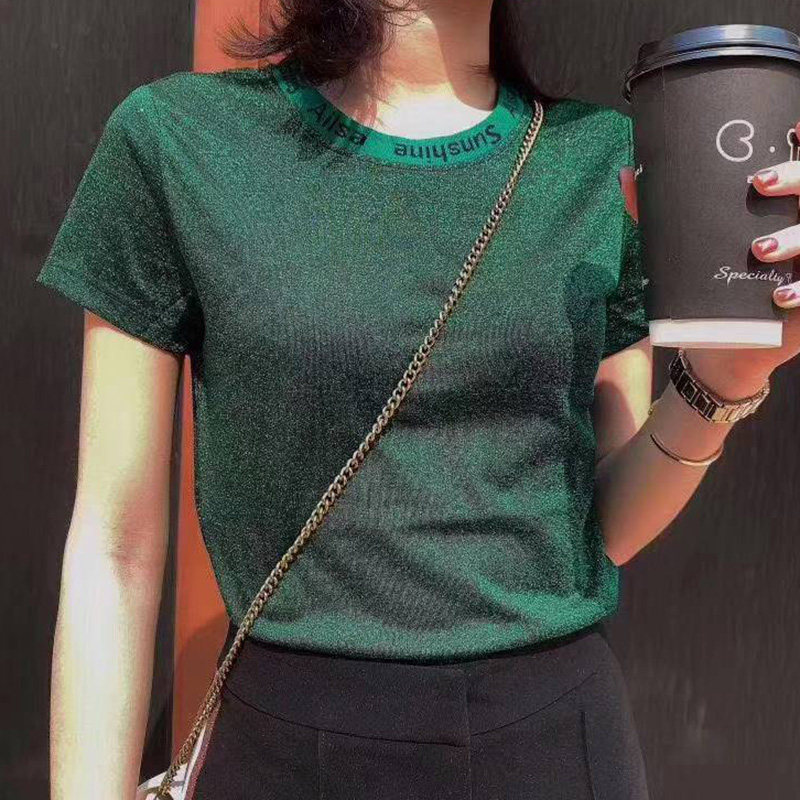新颖阿玛施正旗舰店官网2020春新款t恤女装夏金银丝字母圆领短袖