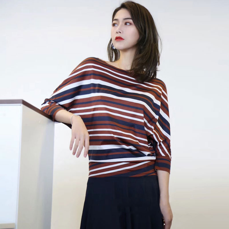 新颖阿玛施正旗舰店官网2020春新款t恤女宽松七分袖条纹蝙蝠衫夏