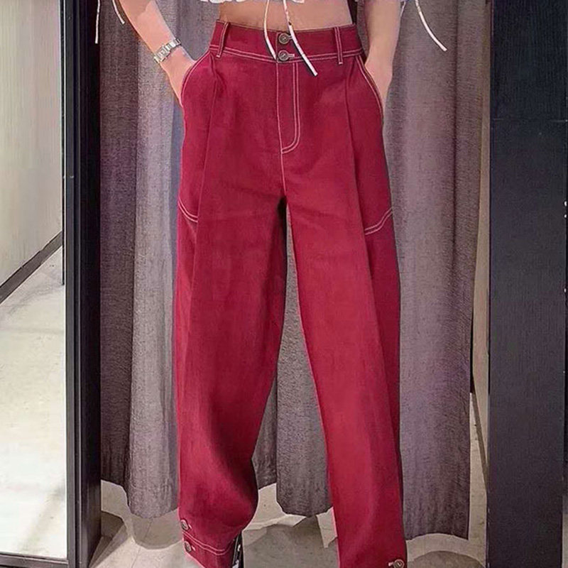 新颖阿玛施正旗舰店官网2020夏新款女装正品亚麻九分工装小脚裤女