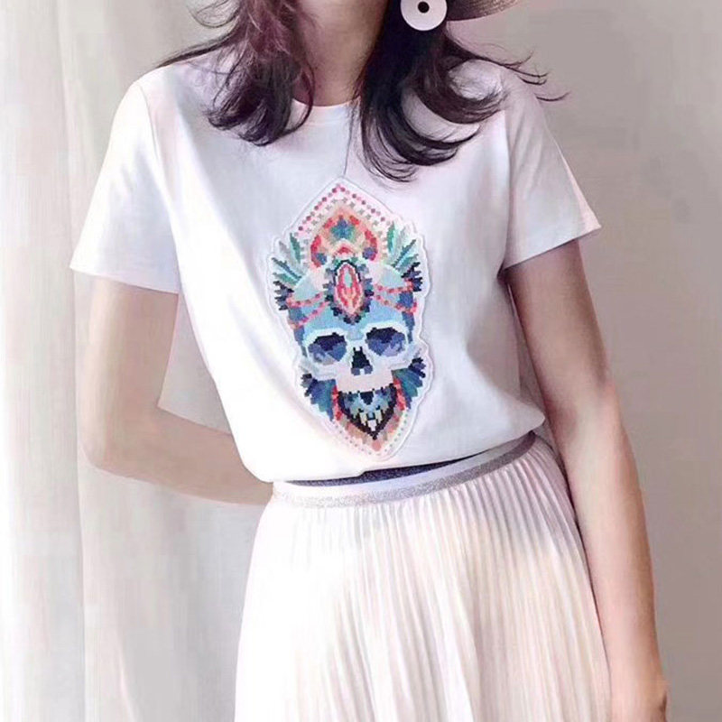 新颖阿玛施正旗舰店官网2020春新款专柜正品骷髅印花圆领短袖T恤