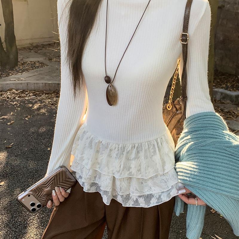 奶白色半高领蕾丝花边长袖T恤女2026年秋季木耳边修身打底衫上衣