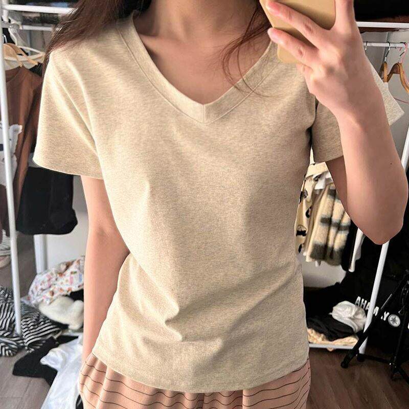 纯色基础百搭V领正肩显瘦T恤女夏季修身小个子锁骨短袖上衣