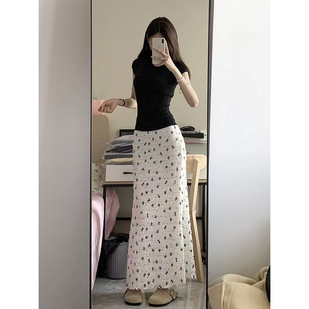 175高个子加长韩系度假风蝴蝶结印花蕾丝碎花鱼尾半身裙纯欲长裙