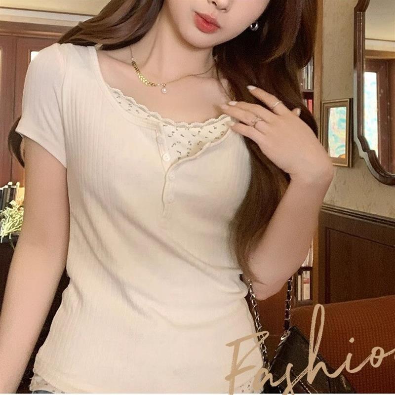 紧身显瘦正肩U领拼接碎花短袖T恤女春夏纯欲bm风半开领假两件上衣