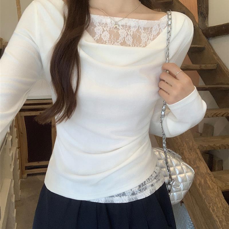 白色荡领蕾丝假两件长袖T恤女装早秋穿搭内搭打底衫修身收腰上衣