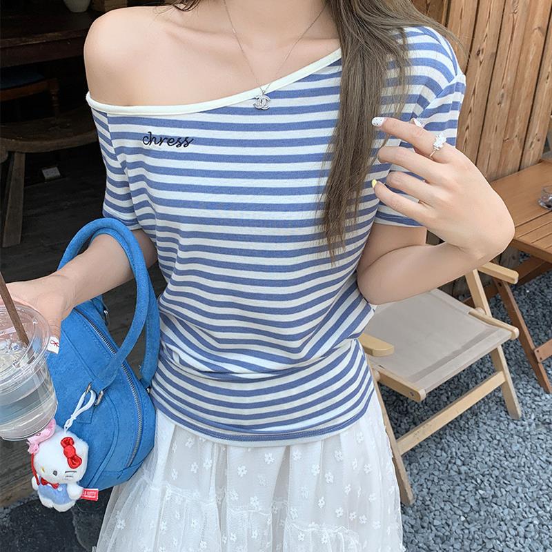 时尚气质高级斜肩一字领撞色条纹刺绣设计短袖T恤女夏季新款上衣