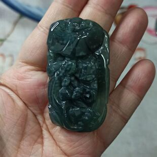 167缅甸天然翡翠吊坠雕刻件手把件飘花貔貅如意卡56X30mm48元包邮