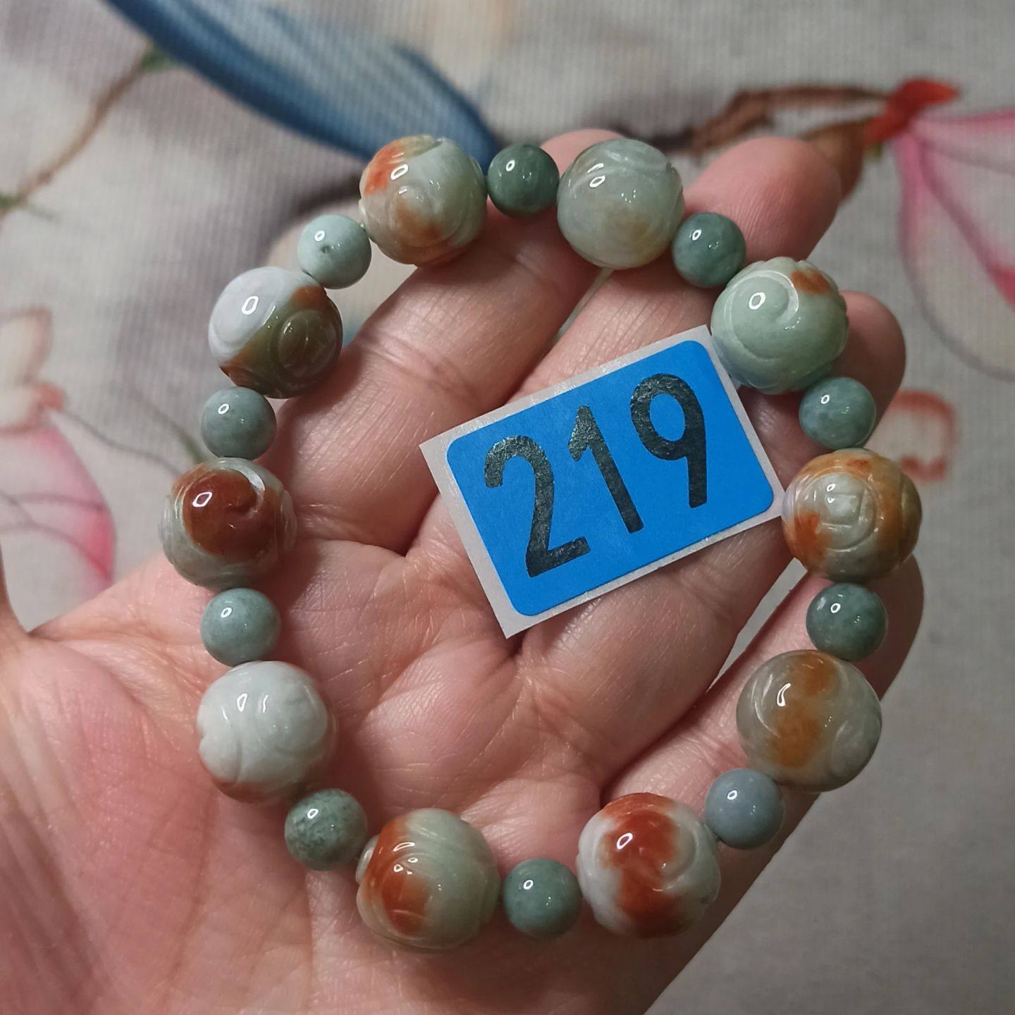 天然翡翠烧红翡回纹珠手串