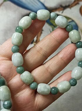 420缅甸天然翡翠淡绿白底桶珠路路通手串卡12X10mm左右满48元包邮