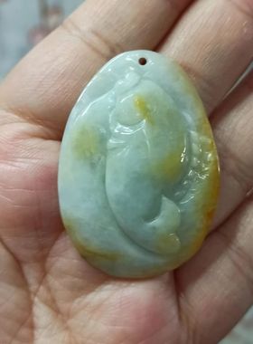 281缅甸天然翡翠吊坠烧黄翡飘花乘风破浪鱼牌卡44X31mm左右满包邮