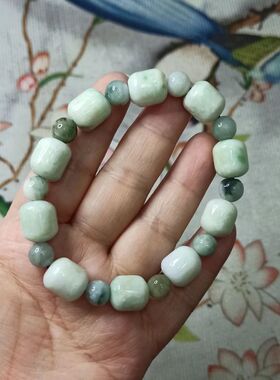 275缅甸天然翡翠飘花桶珠路路通卡12X11mm左右长珠手串满48元包邮