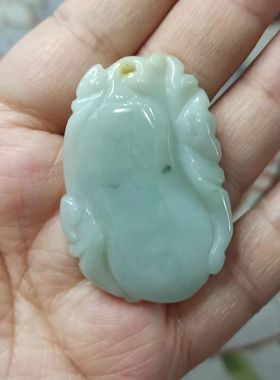 214缅甸天然翡翠吊坠雕刻件手把件飘花蝙蝠如意福瓜福寿卡46X31mm