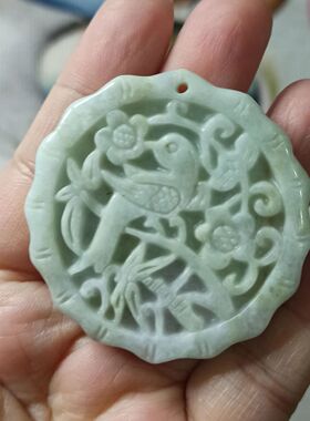 412天然翡翠吊坠雕刻花牌喜上眉梢挂件花牌卡48mm左右满48元包邮