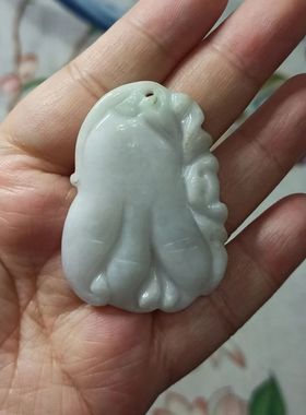 170缅甸天然翡翠飘花吊坠雕刻件手把件佛手人参人生如意卡48X35mm