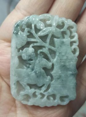 403缅甸天然翡翠吊坠飘花淡绿雕刻竹节马牌52X38mm左右满48元包邮