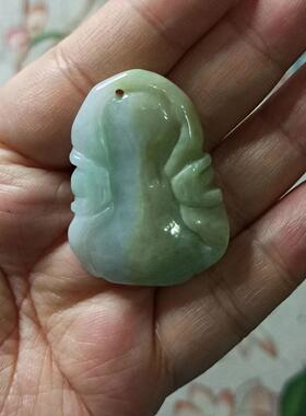 399缅甸天然翡翠吊坠雕刻件手把件飘花蝙蝠如意福瓜福寿卡39X29mm