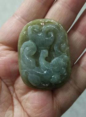 19缅甸天然翡翠吊坠雕刻件手把件黄翡貔貅如意卡43X32mm48元包邮