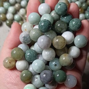 271缅甸天然翡翠散珠糯冰种圆珠卡12mm左右绿飘花白黄满48元 包邮