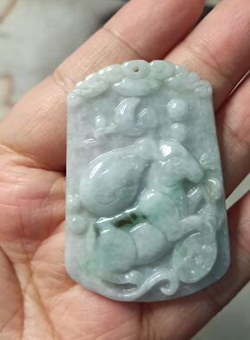 367缅甸天然翡翠吊坠绿飘花十二生肖鼠牌寻宝鼠卡53X36mm满48包邮